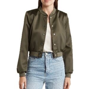 Industry Republic Clothing Cropped Bomber Olive Khaki Green Satin Button Jacket
